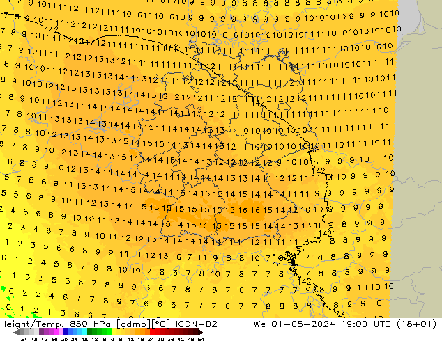 Height/Temp. 850 hPa ICON-D2 Mi 01.05.2024 19 UTC