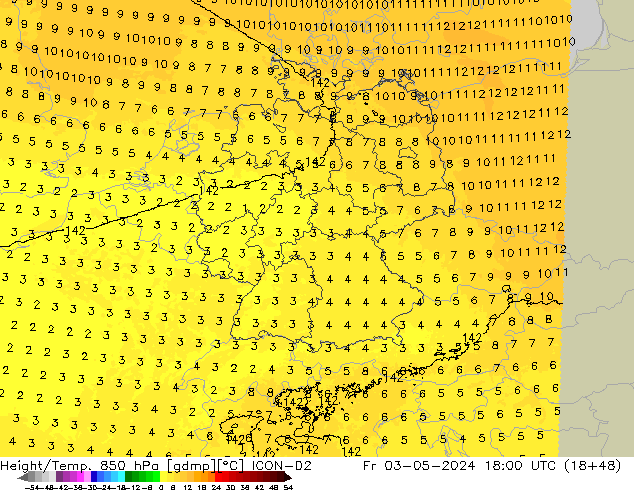 Height/Temp. 850 hPa ICON-D2 Pá 03.05.2024 18 UTC