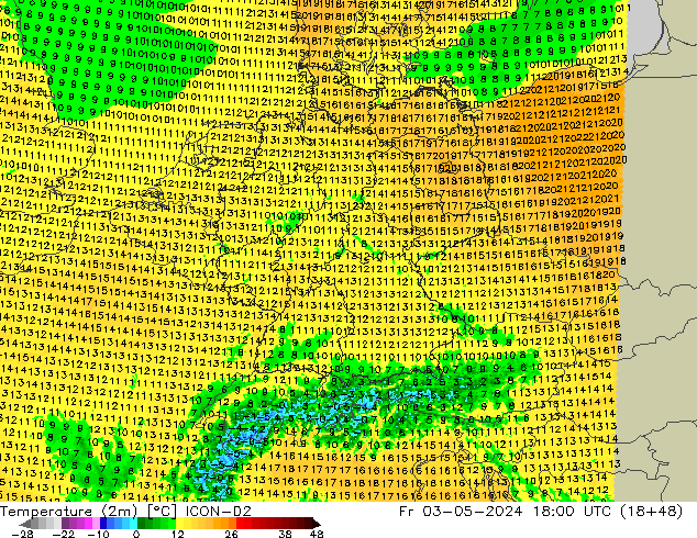 Temperature (2m) ICON-D2 Fr 03.05.2024 18 UTC