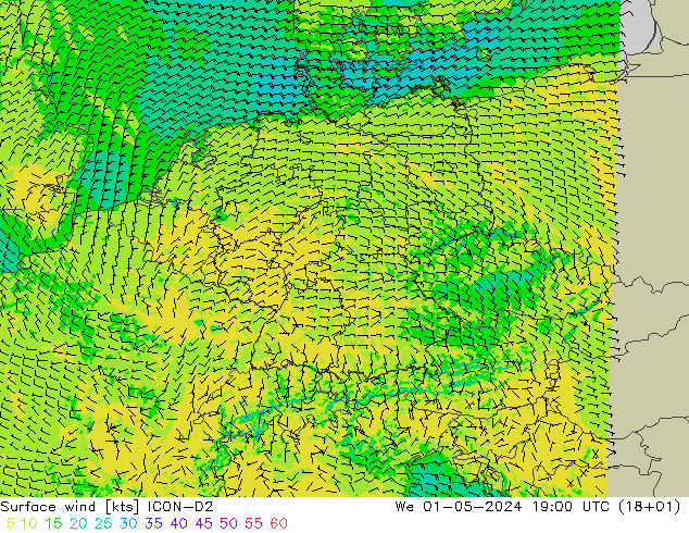 wiatr 10 m ICON-D2 śro. 01.05.2024 19 UTC