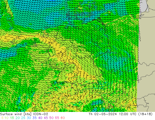 ветер 10 m ICON-D2 чт 02.05.2024 12 UTC