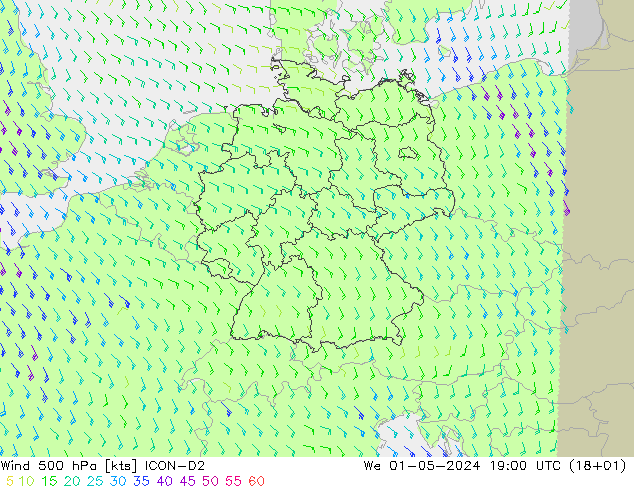 Vento 500 hPa ICON-D2 mer 01.05.2024 19 UTC