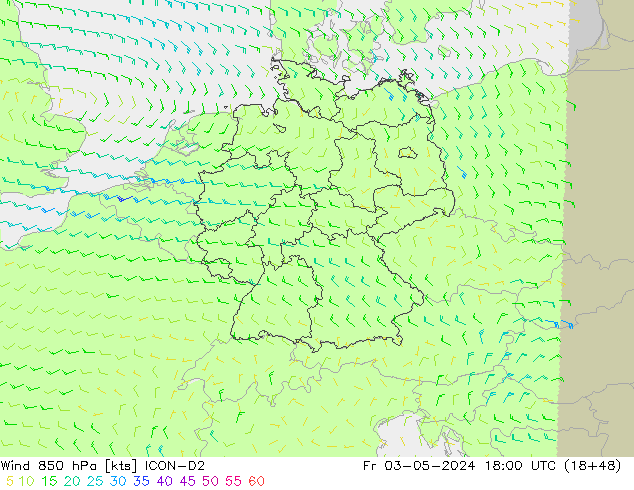 Vento 850 hPa ICON-D2 ven 03.05.2024 18 UTC