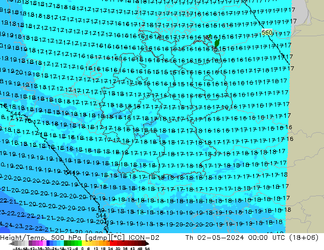 Height/Temp. 500 hPa ICON-D2 星期四 02.05.2024 00 UTC