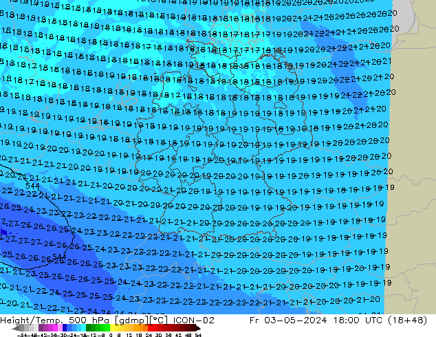 Height/Temp. 500 hPa ICON-D2 Fr 03.05.2024 18 UTC