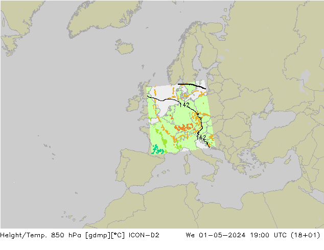 Géop./Temp. 850 hPa ICON-D2 mer 01.05.2024 19 UTC