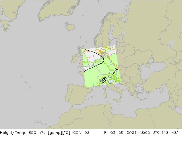 Height/Temp. 850 hPa ICON-D2 Fr 03.05.2024 18 UTC
