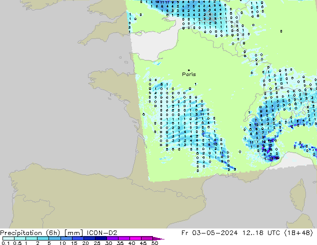 Yağış (6h) ICON-D2 Cu 03.05.2024 18 UTC