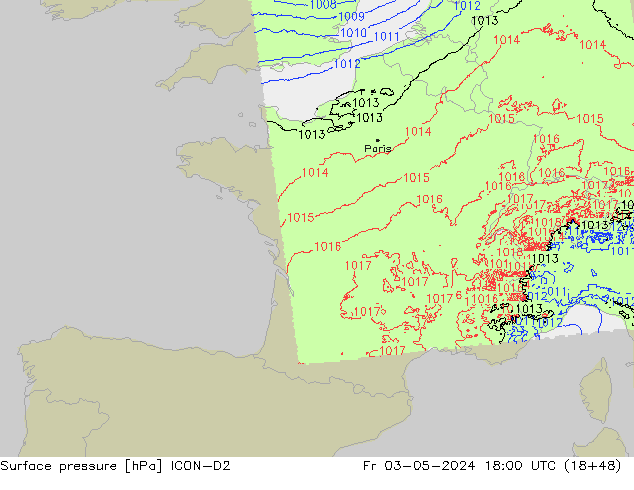 pressão do solo ICON-D2 Sex 03.05.2024 18 UTC