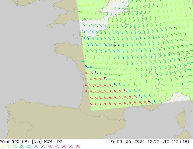 Viento 500 hPa ICON-D2 vie 03.05.2024 18 UTC