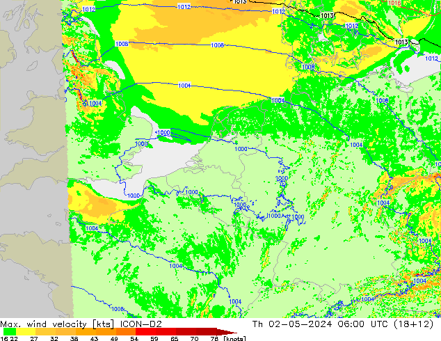 Max. wind velocity ICON-D2 Qui 02.05.2024 06 UTC