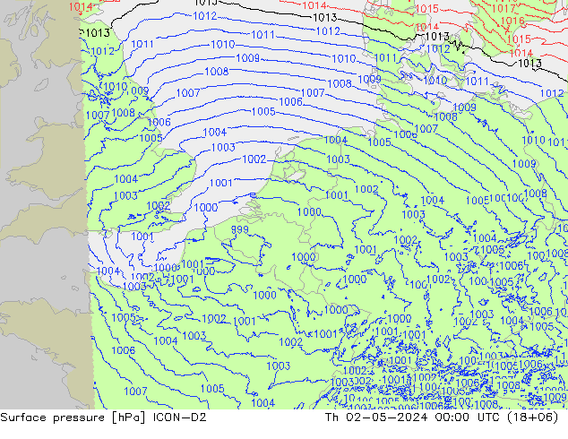 Surface pressure ICON-D2 Th 02.05.2024 00 UTC