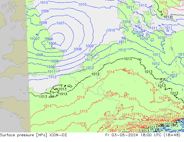 pressão do solo ICON-D2 Sex 03.05.2024 18 UTC