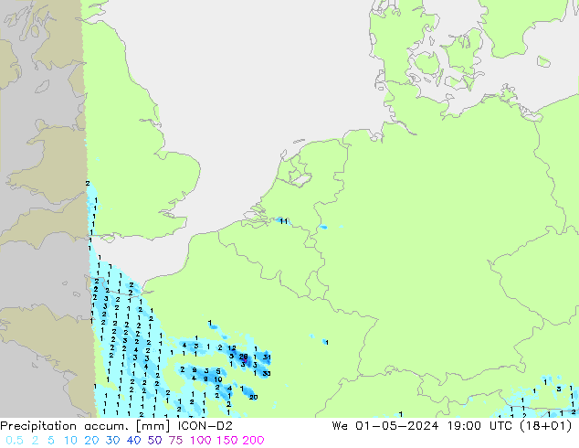 Precipitation accum. ICON-D2 We 01.05.2024 19 UTC