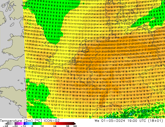 Temperature (2m) ICON-D2 We 01.05.2024 19 UTC