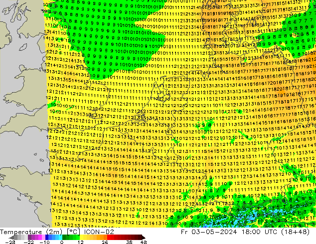 Temperaturkarte (2m) ICON-D2 Fr 03.05.2024 18 UTC