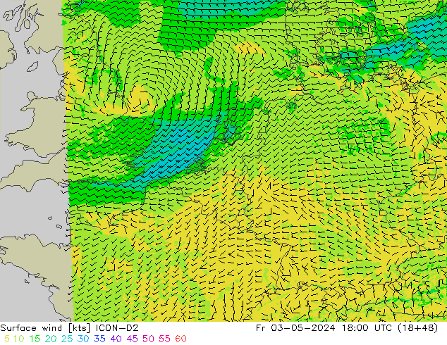 Surface wind ICON-D2 Fr 03.05.2024 18 UTC