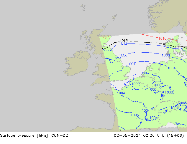 Surface pressure ICON-D2 Th 02.05.2024 00 UTC