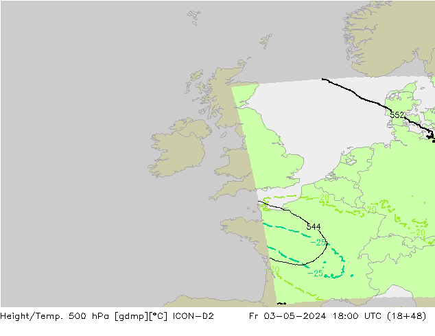 Height/Temp. 500 hPa ICON-D2 Fr 03.05.2024 18 UTC