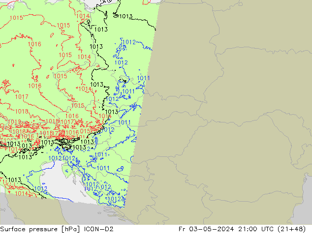 Luchtdruk (Grond) ICON-D2 vr 03.05.2024 21 UTC