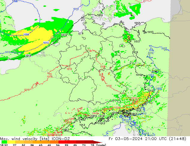 Max. wind velocity ICON-D2 Fr 03.05.2024 21 UTC