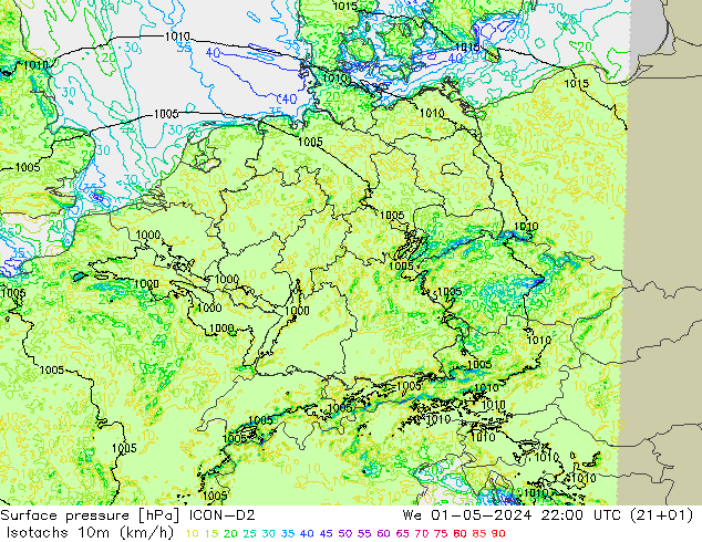 Isotaca (kph) ICON-D2 mié 01.05.2024 22 UTC