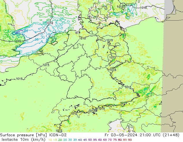 Eşrüzgar Hızları (km/sa) ICON-D2 Cu 03.05.2024 21 UTC