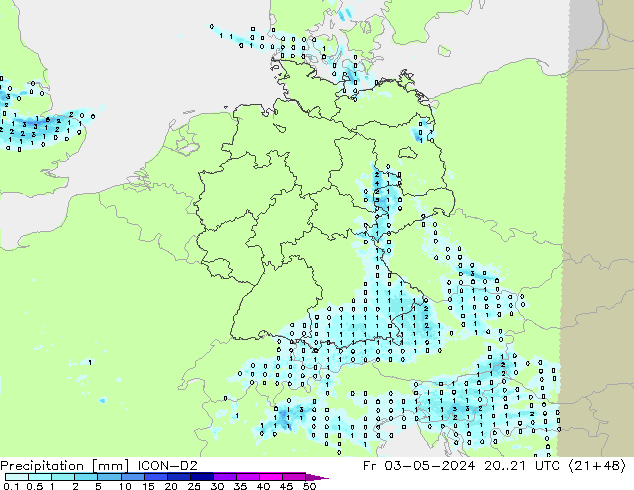 Srážky ICON-D2 Pá 03.05.2024 21 UTC