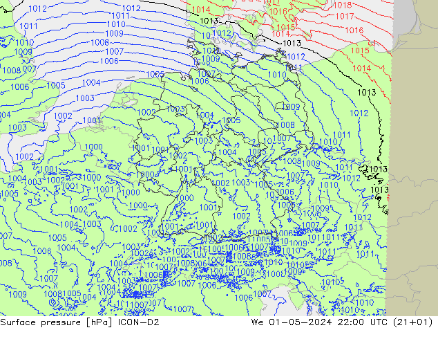 Surface pressure ICON-D2 We 01.05.2024 22 UTC