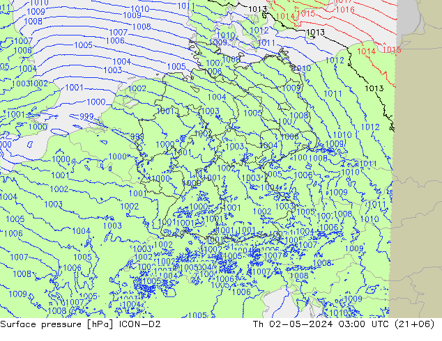 Presión superficial ICON-D2 jue 02.05.2024 03 UTC