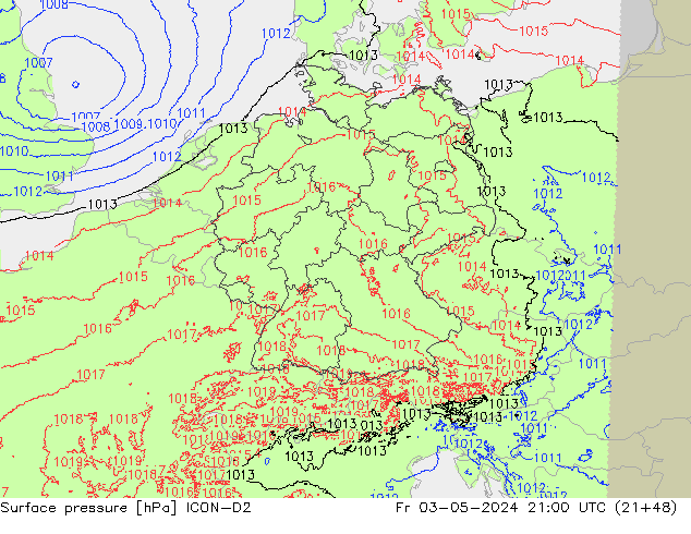 Surface pressure ICON-D2 Fr 03.05.2024 21 UTC