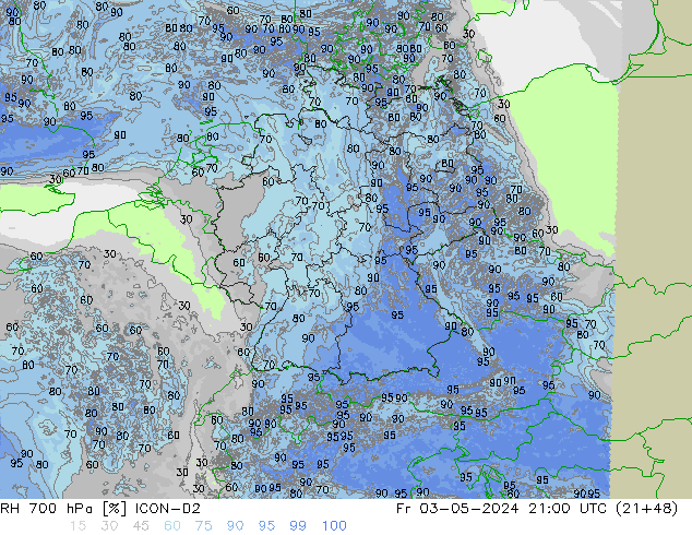 RH 700 гПа ICON-D2 пт 03.05.2024 21 UTC