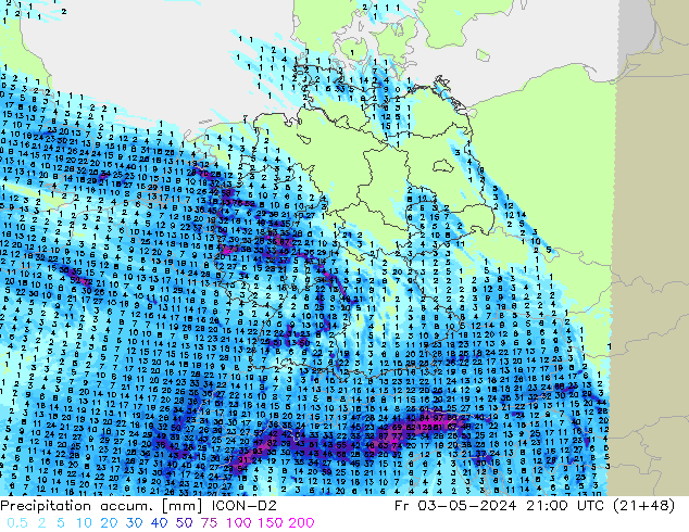 Precipitation accum. ICON-D2 Pá 03.05.2024 21 UTC