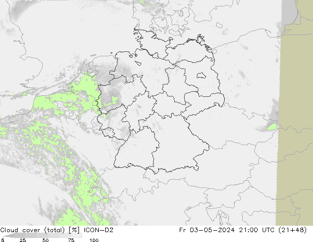 Cloud cover (total) ICON-D2 Pá 03.05.2024 21 UTC