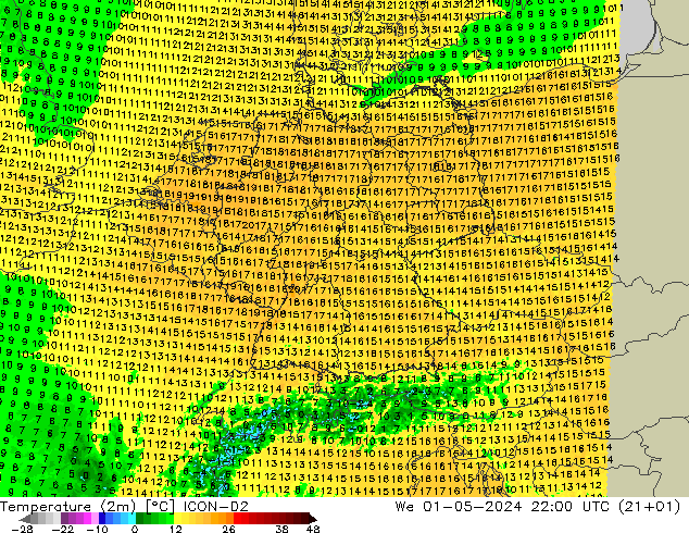 Temperature (2m) ICON-D2 We 01.05.2024 22 UTC