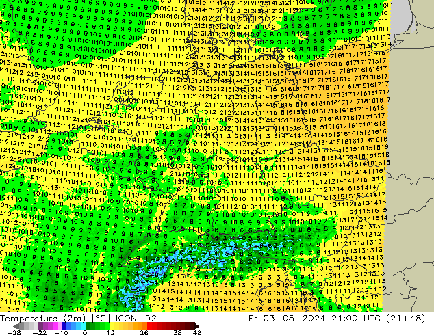 Temperature (2m) ICON-D2 Pá 03.05.2024 21 UTC