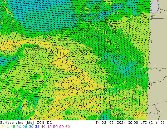 Surface wind ICON-D2 Th 02.05.2024 09 UTC