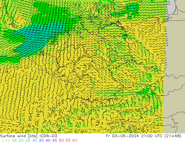 Surface wind ICON-D2 Fr 03.05.2024 21 UTC