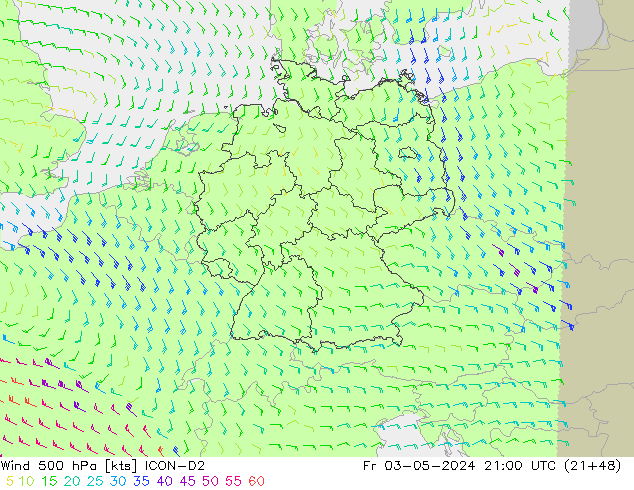 Wind 500 hPa ICON-D2 vr 03.05.2024 21 UTC