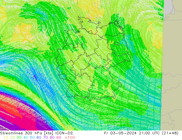 Streamlines 300 hPa ICON-D2 Fr 03.05.2024 21 UTC