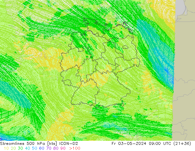 Linea di flusso 500 hPa ICON-D2 ven 03.05.2024 09 UTC