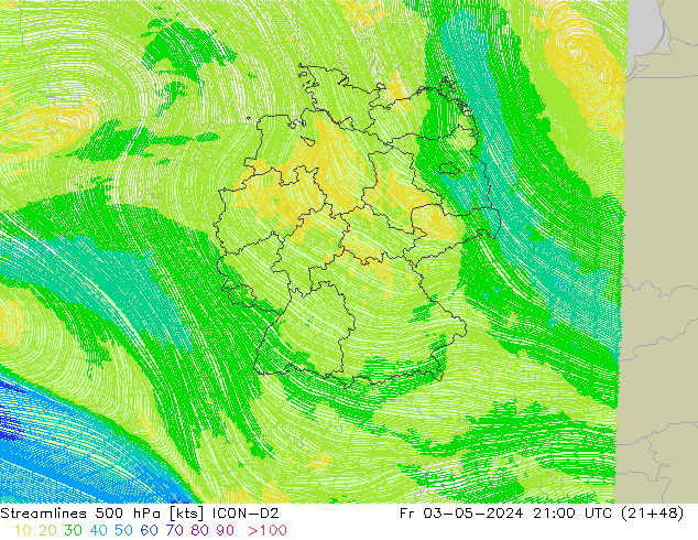 Linha de corrente 500 hPa ICON-D2 Sex 03.05.2024 21 UTC