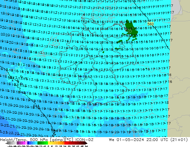 Height/Temp. 500 hPa ICON-D2 mer 01.05.2024 22 UTC