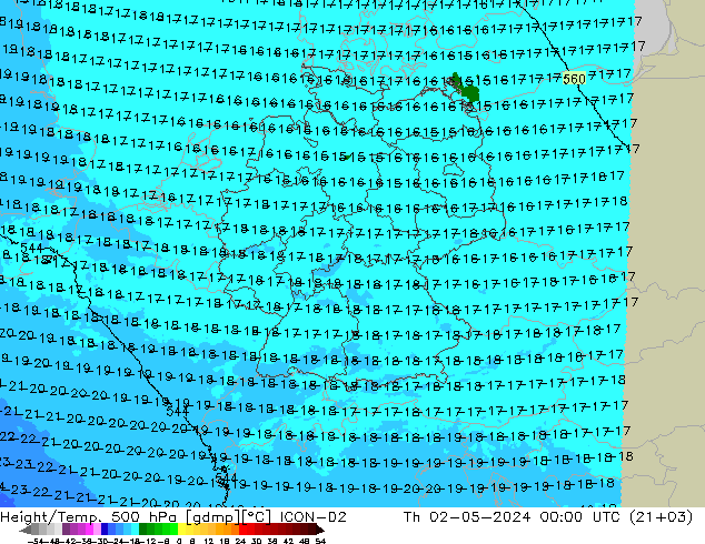 Height/Temp. 500 hPa ICON-D2 Qui 02.05.2024 00 UTC