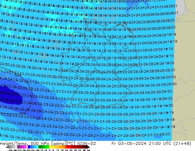 Hoogte/Temp. 500 hPa ICON-D2 vr 03.05.2024 21 UTC