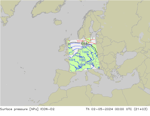 Presión superficial ICON-D2 jue 02.05.2024 00 UTC