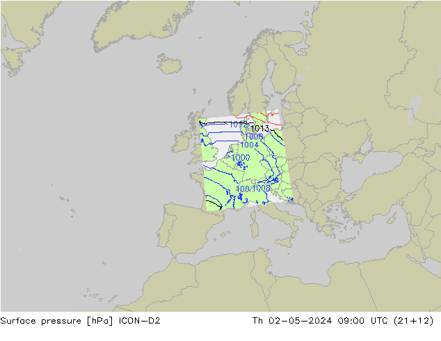 Surface pressure ICON-D2 Th 02.05.2024 09 UTC