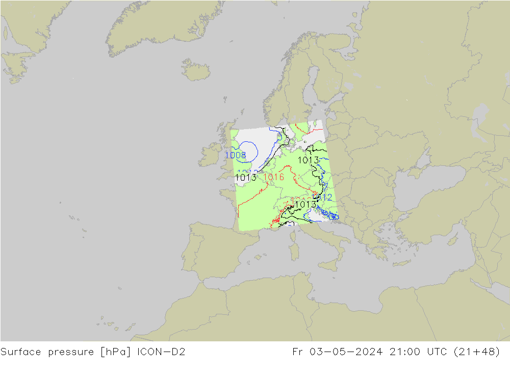 Surface pressure ICON-D2 Fr 03.05.2024 21 UTC