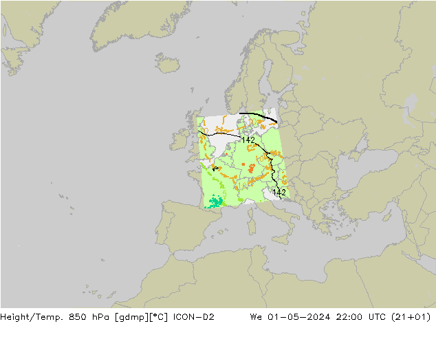 Yükseklik/Sıc. 850 hPa ICON-D2 Çar 01.05.2024 22 UTC