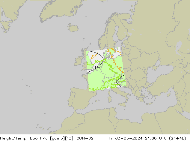 Geop./Temp. 850 hPa ICON-D2 vie 03.05.2024 21 UTC